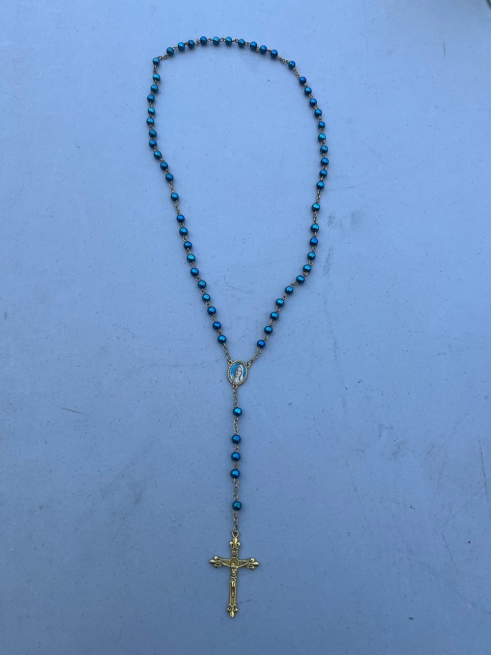 Blue Beaded Rosary Necklace with Gold Cross - Women Jewelry